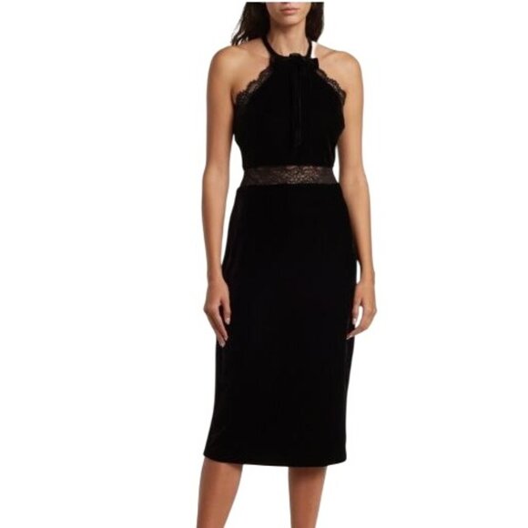 BCBG Women's Dress Lace Trim Sheath Black Velvet Lace  Section Sleeveless Large - Picture 1 of 13